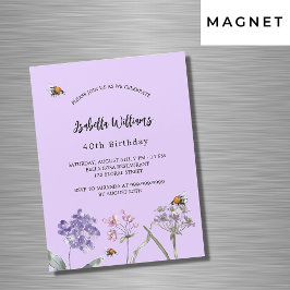 誕生日パーティーのワイルドフラワースバイオレットピンクビー贅沢 マグネット招待状