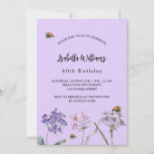 誕生日パーティーのワイルドフラワースバイオレットピンクビー贅沢 招待状 (正面)
