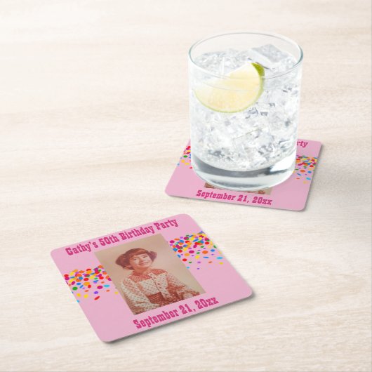 誕生日パーティーの写真の好意ピンクガーリー スクエアペーパーコースター (インサイチュ)