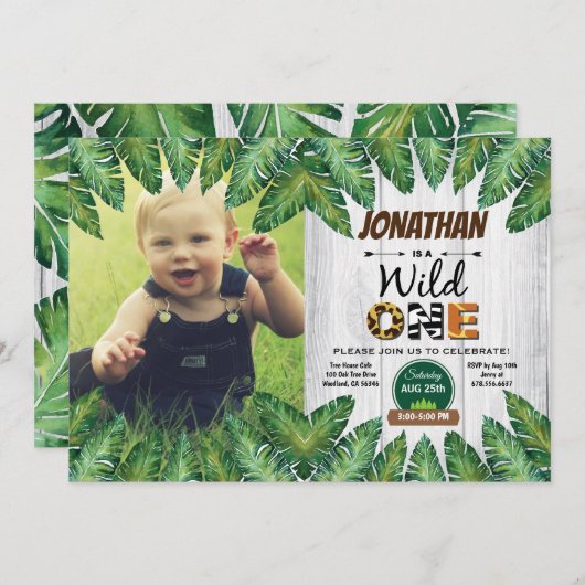 誕生日パーティーの写真を招待する男の子 招待状 (正面/裏面)