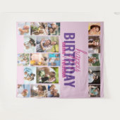 誕生日パーティーの写真コラージュピンクのカスタム背景 タペストリー (正面(横))