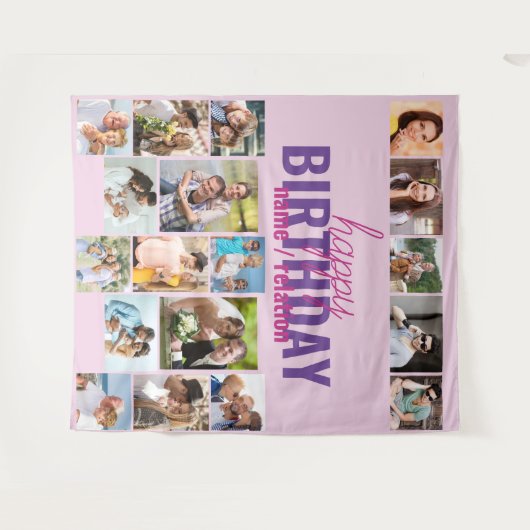 誕生日パーティーの写真コラージュピンクのカスタム背景 タペストリー (正面(横))