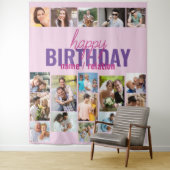 誕生日パーティーの写真コラージュピンクのカスタム背景 タペストリー (インサイチュ)
