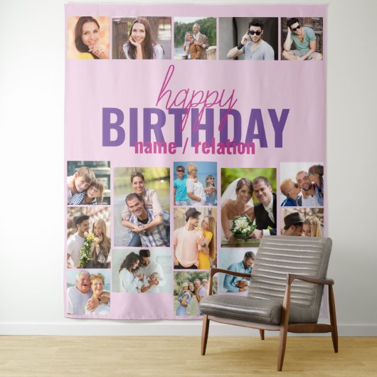 誕生日パーティーの写真コラージュピンクのカスタム背景 タペストリー (インサイチュ)