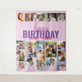 誕生日パーティーの写真コラージュピンクのカスタム背景 タペストリー (正面)