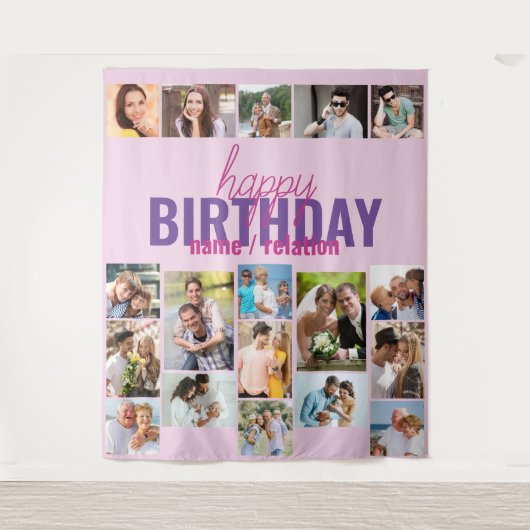 誕生日パーティーの写真コラージュピンクのカスタム背景 タペストリー (正面)