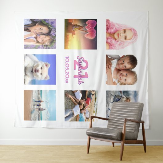 誕生日パーティーの写真コラージュ(白とピンク) タペストリー (インサイチュ(横))