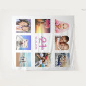 誕生日パーティーの写真コラージュ(白とピンク) タペストリー (正面(横))