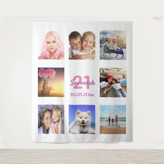 誕生日パーティーの写真コラージュ 白 ピンク タペストリー (正面)