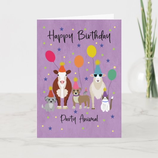 誕生日パーティーの動物と風船 カード (正面)