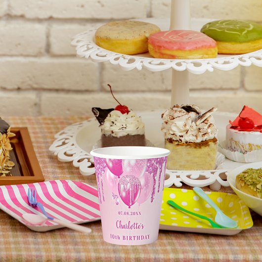 誕生日パーティーの女の子ピンクのバルーン名 紙コップ