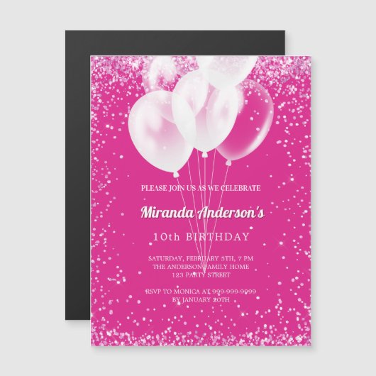 誕生日パーティーの女の子ホットピンクの白いバルーン贅沢 マグネット招待状 (正面/裏面)