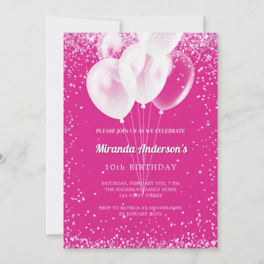 誕生日パーティーの女の子ホットピンクの白いバルーン贅沢 招待状 (正面)