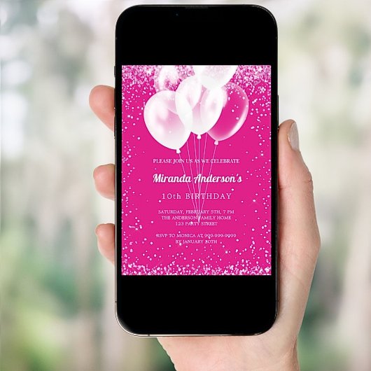 誕生日パーティーの女の子ホットピンクの白いバルーン 招待状