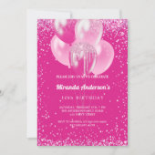 誕生日パーティーの女の子ホットピンクバルーン紙吹雪 招待状 (正面)