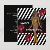 誕生日パーティーの女の子 赤い風船 おしゃれな男性用 2 招待状 (正面/裏面)