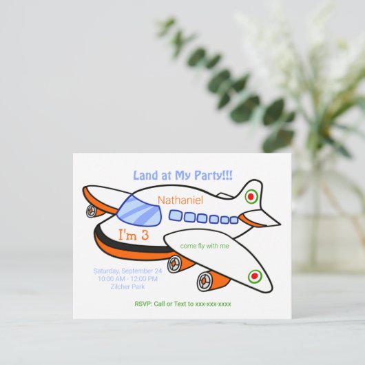 誕生日パーティーの招待で子供の飛行機が着陸 インビテーションポストカード (スタンド正面)