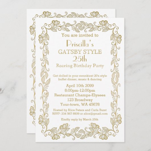 誕生日パーティーの招待アールデコ，女性，ホワイトゴル 招待状 (正面/裏面)