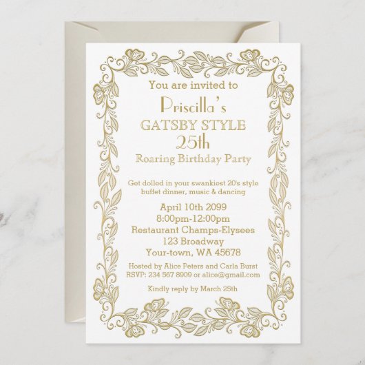 誕生日パーティーの招待アールデコ，女性，ホワイトゴル 招待状 (正面/裏面)