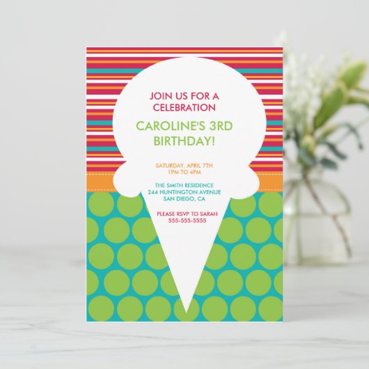 誕生日パーティーの招待カラフルアイスクリームコーン 招待状 (スタンド正面)