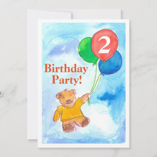 誕生日パーティーの招待テディベア風船 招待状 (正面)