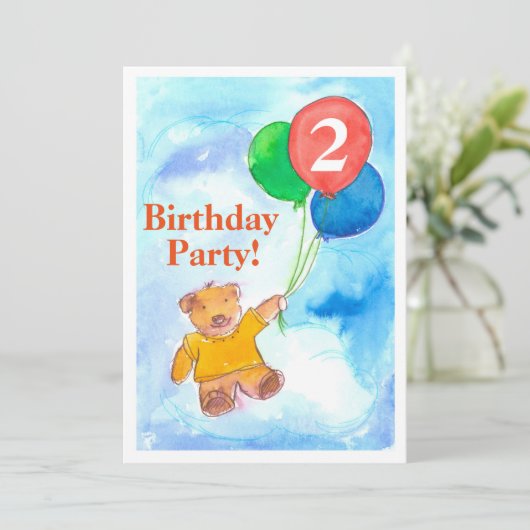 誕生日パーティーの招待テディベア風船 招待状 (スタンド正面)