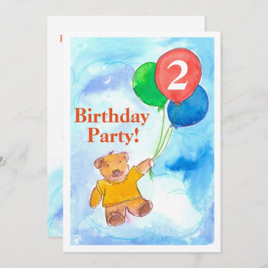 誕生日パーティーの招待テディベア風船 招待状 (正面/裏面)