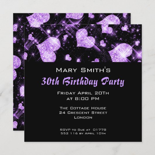 誕生日パーティーの招待パープルグリッターハート 招待状 (正面/裏面)