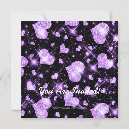 誕生日パーティーの招待パープルグリッターハート 招待状 (裏面)
