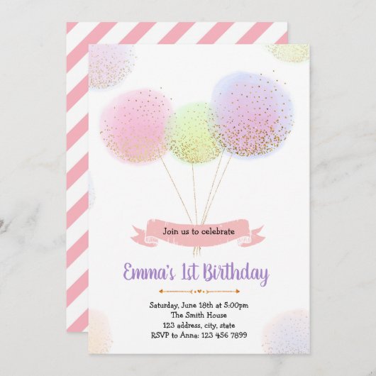 誕生日パーティーの招待状をバルーンで表示 招待状 (正面/裏面)