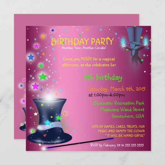 誕生日パーティーの招待状を持つ魔法の魔術師 招待状 (正面/裏面)