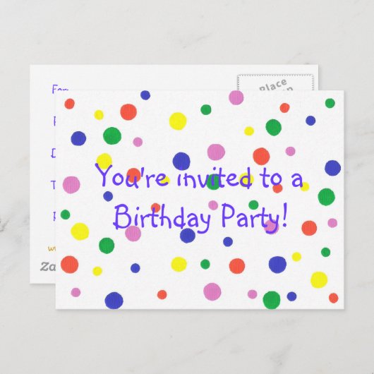誕生日パーティーの招待状、カラフルドット、はがき インビテーションポストカード (正面/裏面)