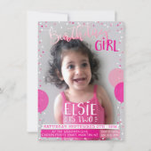 誕生日パーティーの招待状 キュートなピンクの風船とコンフェッティ 招待状 (正面)