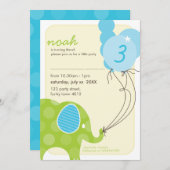 誕生日パーティーの招待状 :: 象 + 風船 ６人 招待状 (正面/裏面)