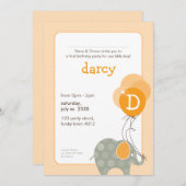 誕生日パーティーの招待状 :: 象 + 風船 1人 招待状 (正面/裏面)