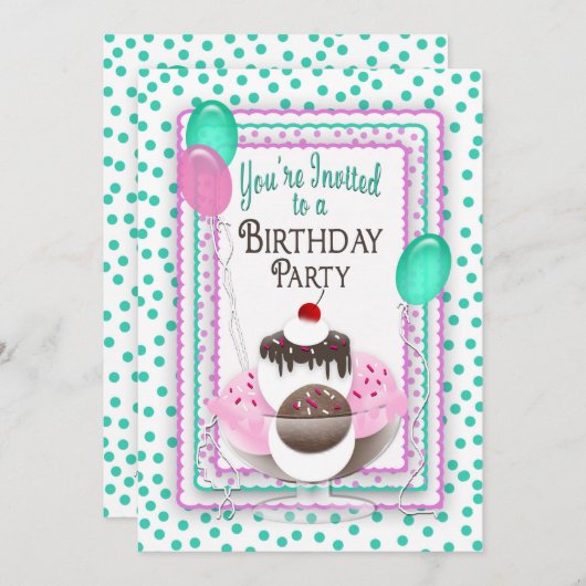 誕生日パーティーの招待状 – Ice Cream Sundae/Dots 招待状 (正面/裏面)