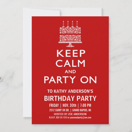 誕生日パーティーの招待状 Keep Calm and Party On 招待状 (正面)