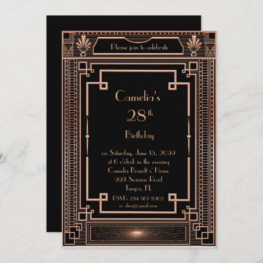 誕生日パーティーの招待素晴らし女性、ギャツビー、ブラック 招待状 (正面/裏面)