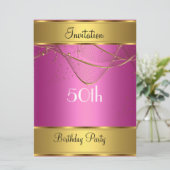 誕生日パーティーの招待金ゴールド50誕生日ピンク 招待状 (スタンド正面)
