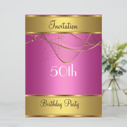 誕生日パーティーの招待金ゴールド50誕生日ピンク 招待状 (スタンド正面)