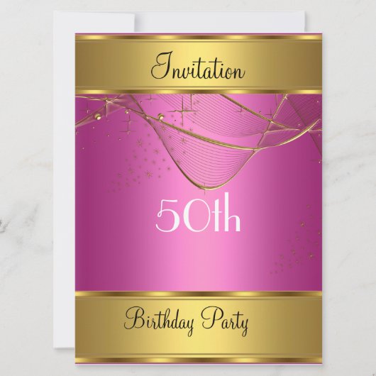 誕生日パーティーの招待金ゴールド50誕生日ピンク 招待状 (正面)