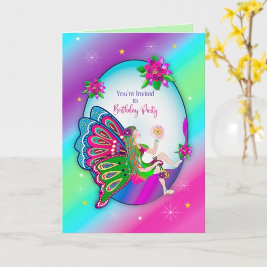 誕生日パーティーの招待魔法の蝶フェアリー カード (黄色い花)