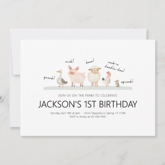 誕生日パーティーの招待 – ファームアニマルテーマ 招待状 (正面)