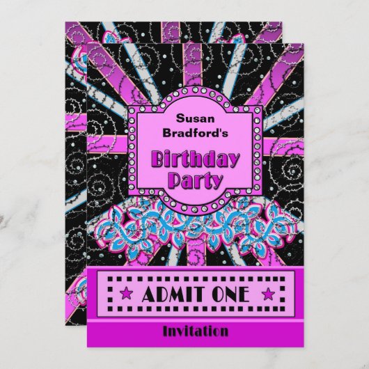 誕生日パーティーの招待 – ブロードウェイチケットスタイル 招待状 (正面/裏面)