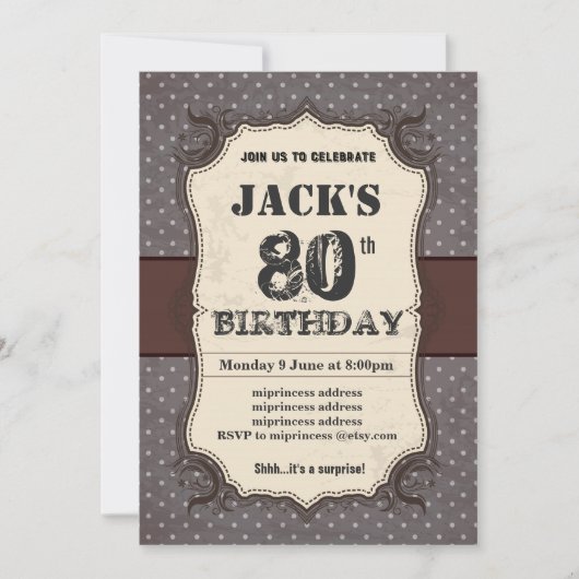 誕生日パーティーの招待、ヴィンテージ茶色 招待状 (正面)