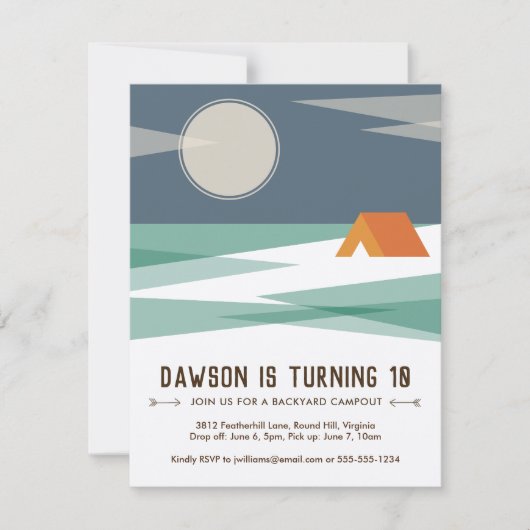 誕生日パーティーの招待，少年，キャンプ 招待状 (正面)