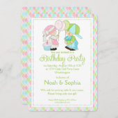 誕生日パーティーの招待、男の子と女の子双子d1 招待状 (正面/裏面)
