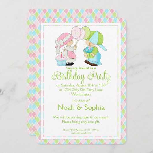 誕生日パーティーの招待、男の子と女の子双子d1 招待状 (正面/裏面)