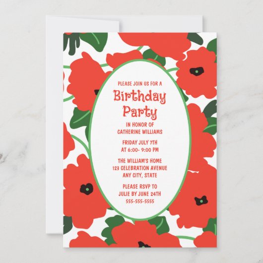 誕生日パーティーの招待Any Age Red Poppies 招待状 (正面)