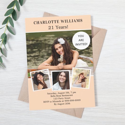 誕生日パーティーの桃の写真コラージュ 招待状